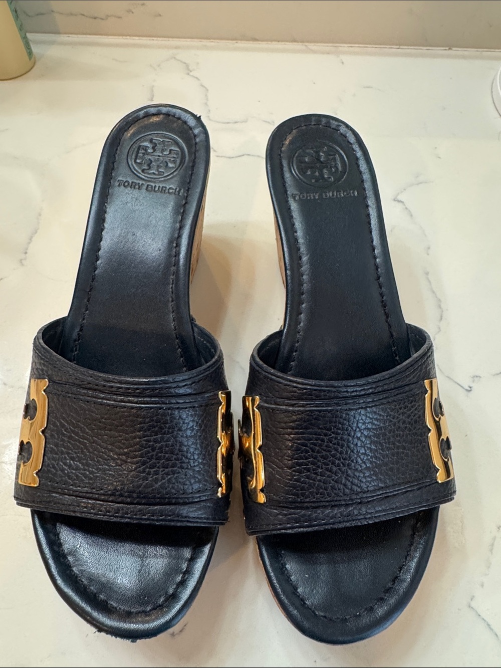 Tory Burch Navy Leather Slip-On Mules with Gold Logo Hardware